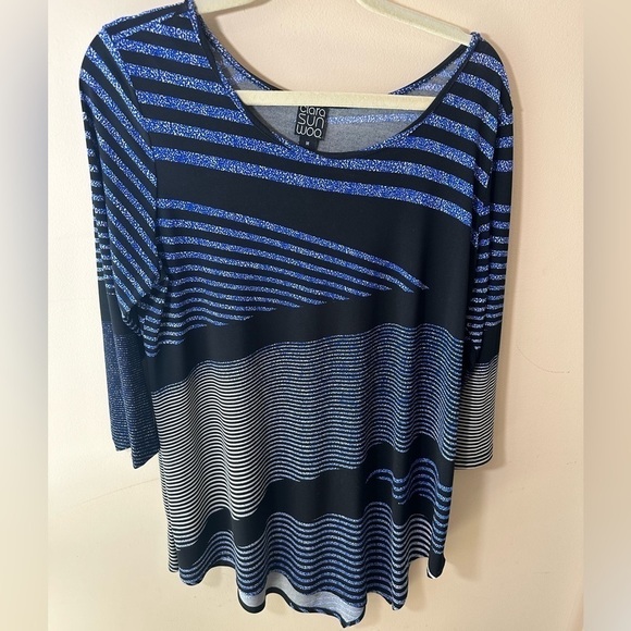 Clara Sun Woo top triangle hem blue black stripe size M - Picture 1 of 6